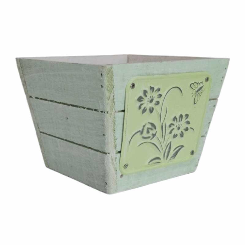 Florero de Madera Pequeña de colores con Placa de Aluminio